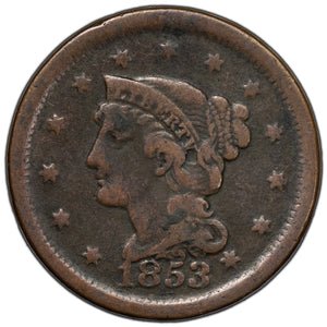 SOLD United States 1853 1 Large Cent Braided Hair Coin