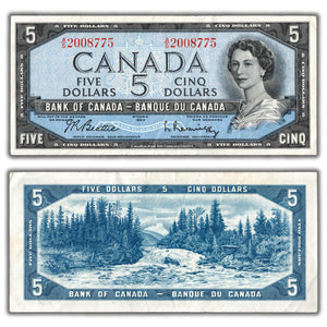 SOLD $5 1954 Bank of Canada Note Beattie-Rasminsky A/S Prefix BC-39b - VF/EF