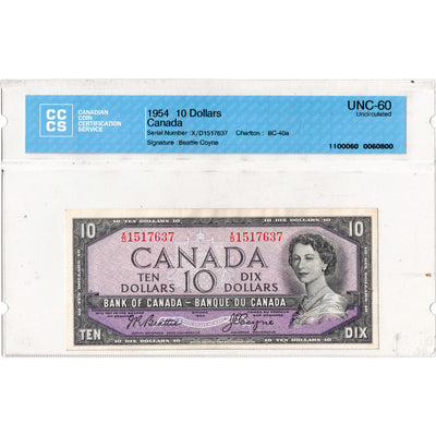 $10 1954 Bank of Canada Note Beattie-Coyne X/D Prefix BC-40a - CCCS UNC-60
