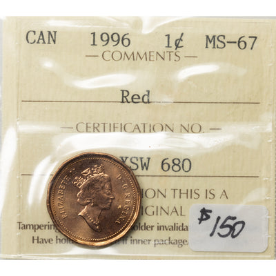 SOLD Canada 1996 1 Small Cent Coin - ICCS MS-67 Red