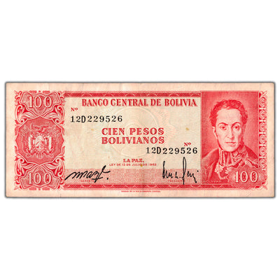 SOLD Bolivia 1962 100 Pesos Bolivianos Note P #163a - Circulated