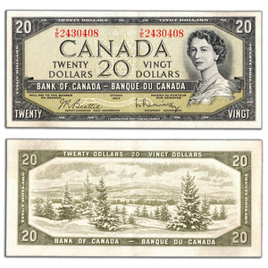 SOLD $20 1954 Bank of Canada Note Beattie-Rasminsky Y/E Prefix BC-41b - EF
