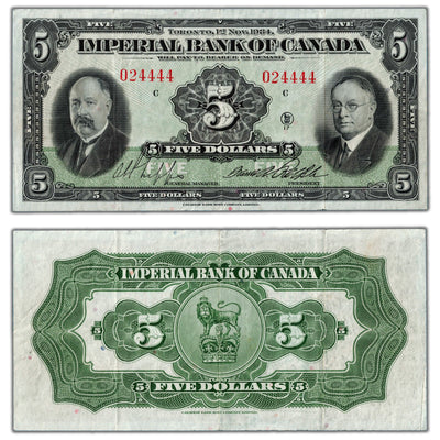 SOLD $5 1934 Imperial Bank of Canada Chartered Note #375-22-02 - VF/EF