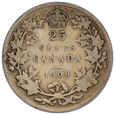 Canada 1908 25 Cents Quarter Silver Coin - VG