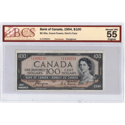 $100 1954 Bank of Canada Note Devil Face A/J Prefix BC-35a - BCS AU-55