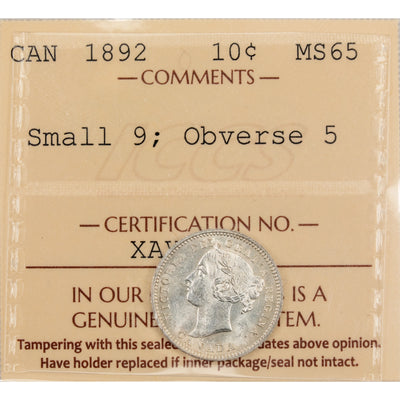 Canada 1892 Small 9 Obverse #5 10 Cents Dime Silver Coin - ICCS MS-65