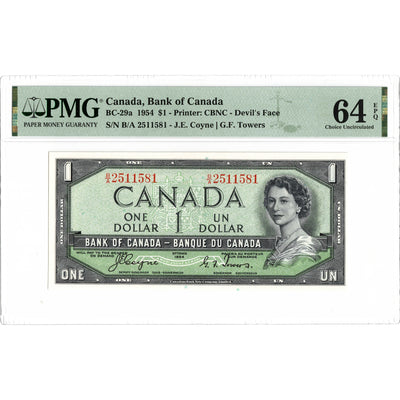SOLD $1 1954 Bank of Canada Note Devil Face B/A Prefix BC-29a - PMG Ch UNC-64 EPQ