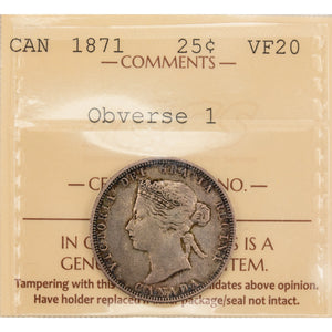 SOLD Canada 1871 Obverse 1 25 Cents Quarter Silver Coin - ICCS VF-20