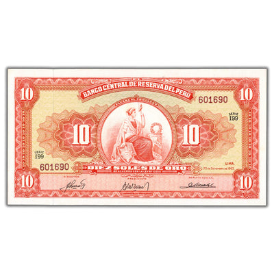 SOLD Peru 1963 10 Soles Note P #84a - Choice UNC