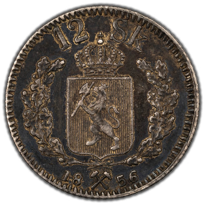 Norway 1856 12 Skilling Silver Coin KM #314