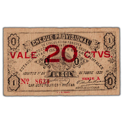 Peru Iquitos Revolution 1921 20 Centavos Note P #S602 - Fine