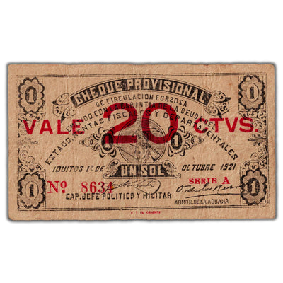 Peru Iquitos Revolution 1921 20 Centavos Note P #S602 - Fine