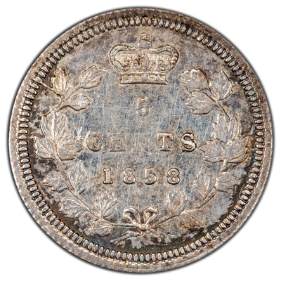 Canada 1858 Small Date 5 Cents Silver Coin - EF (cleaned)