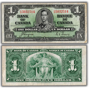 SOLD $1 1937 Bank of Canada Note Coyne-Towers O/N Prefix BC-21d - Minor Soiling