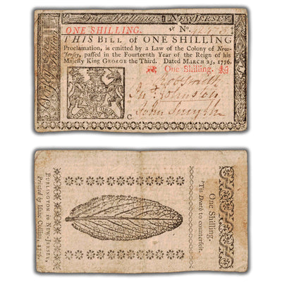 SOLD United States New Jersey 1776 One Shilling Colonial Note NY #175 - Pinholes