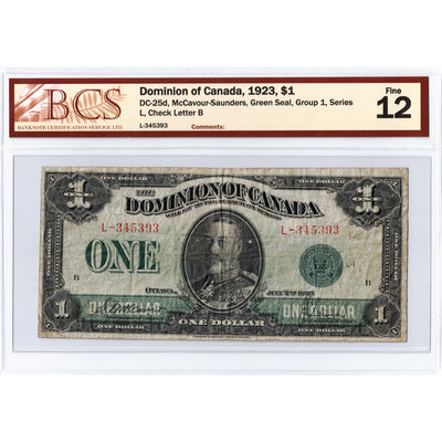 $1 1923 Dominion of Canada Note Green Seal Series L DC-25d - BCS F-12