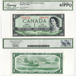 $1 1954 Bank of Canada Note Devil Face F/A Prefix BC-29a - Legacy Ch UNC-63 PPQ