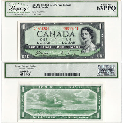SOLD $1 1954 Bank of Canada Note Devil Face F/A Prefix BC-29a - Legacy Ch UNC-63 PPQ