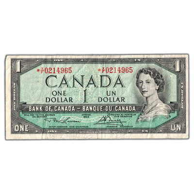 SOLD $1 1954 Bank of Canada Note *X/F Replacement Prefix BC-37dA - Circulated