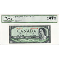$1 1954 Bank of Canada Note Devil Face F/A Prefix BC-29a - Legacy Ch UNC-63 PPQ