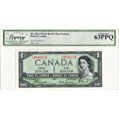 SOLD $1 1954 Bank of Canada Note Devil Face F/A Prefix BC-29a - Legacy Ch UNC-63 PPQ