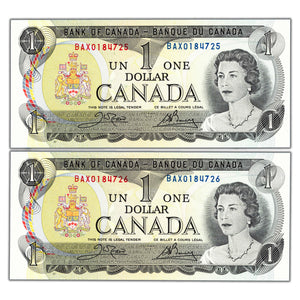 SOLD $1 1973 Bank of Canada Notes BAX Replacement Prefix BC-46bA - 2 Consec Ch UNC