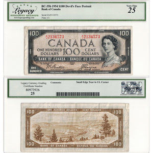 SOLD $100 1954 Bank of Canada Note Devil Face BC-35b - Legacy VF-25