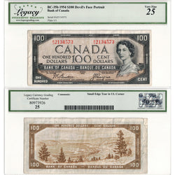 $100 1954 Bank of Canada Note Devil Face BC-35b - Legacy VF-25