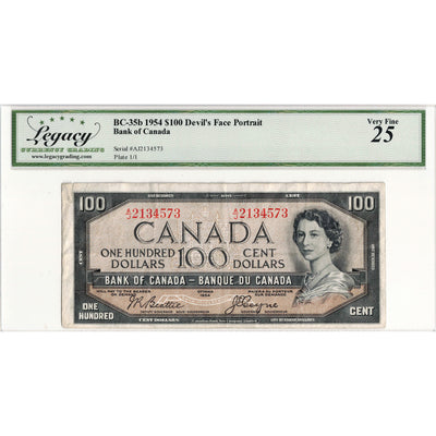 SOLD $100 1954 Bank of Canada Note Devil Face BC-35b - Legacy VF-25