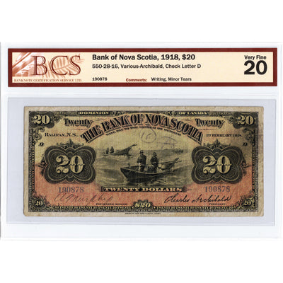 SOLD $20 1918 Bank of Nova Scotia Canada Chartered Note #550-28-16 - BCS VF-20