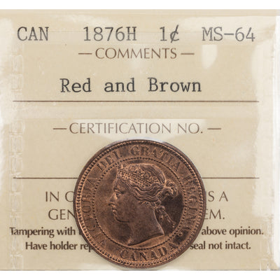SOLD Canada 1876-H 1 Large Cent Coin - ICCS MS-64 Red & Brown