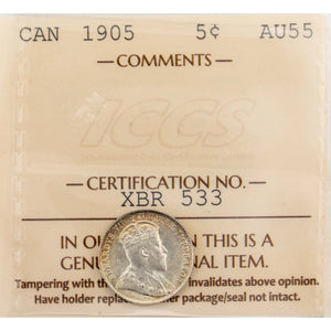 SOLD Canada 1905 5 Cents Silver Coin - ICCS AU-55