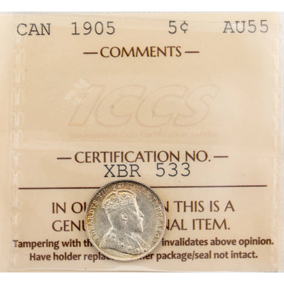 SOLD Canada 1905 5 Cents Silver Coin - ICCS AU-55