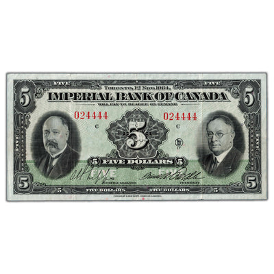 SOLD $5 1934 Imperial Bank of Canada Chartered Note #375-22-02 - VF/EF