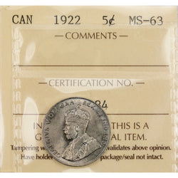 Canada 1922 5 Cents Nickel Coin - ICCS MS-63