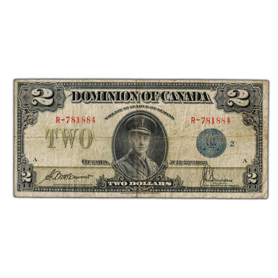 SOLD $2 1923 Dominion of Canada Note Blue Seal Series R DC-26h - Fine