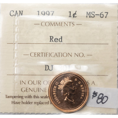 SOLD Canada 1997 1 Small Cent Coin - ICCS MS-67 Red