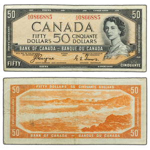 SOLD $50 1954 Bank of Canada Note Devil Face A/H Prefix BC-34a - VF