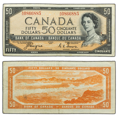 SOLD $50 1954 Bank of Canada Note Devil Face A/H Prefix BC-34a - VF
