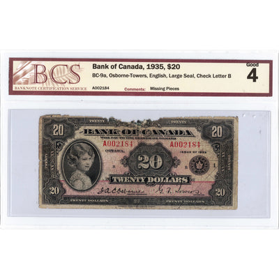 SOLD $20 1935 Bank of Canada Note English Text Large Seal BC-9a - BCS G-4