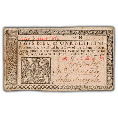 SOLD United States New Jersey 1776 One Shilling Colonial Note NY #175 - Pinholes