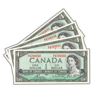 SOLD $1 1954 Bank of Canada Notes M/F Prefix BC-37c - 4 Consecutive AU/UNC