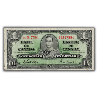 $1 1937 Bank of Canada Note Gordon-Towers X/A Prefix BC-21c - F/VF