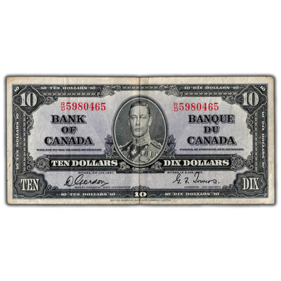 $10 1937 Bank of Canada Note Gordon-Towers R/D Prefix BC-24b - VF