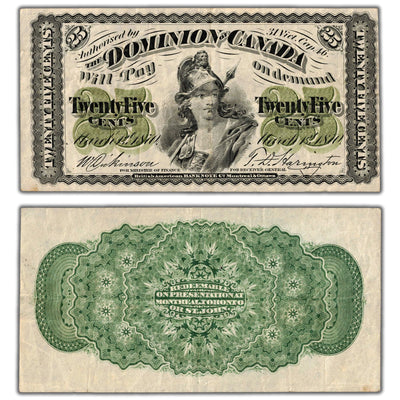 SOLD 25 Cents 1870 Dominion of Canada Note Shinplaster Plain DC-1c - VF (minor pinholes)