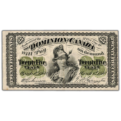 SOLD 25 Cents 1870 Dominion of Canada Note Shinplaster Plain DC-1c - VF (minor pinholes)