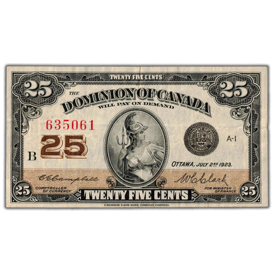25 Cents 1923 Dominion of Canada Note Shinplaster Note DC-24d - VF+