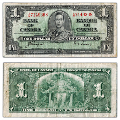 $1 1937 Bank of Canada Note A/N Prefix BC-21d - F/VF (small edge tear)
