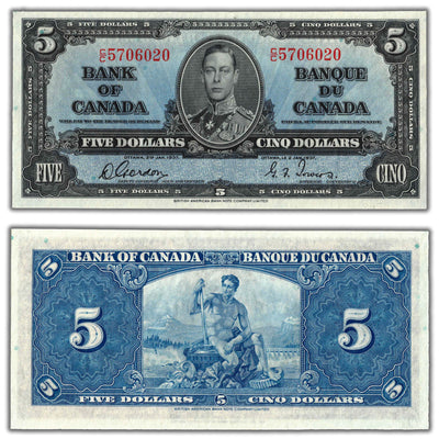 SOLD $5 1937 Bank of Canada Note Gordon-Towers C/C Prefix BC-23b - Choice UNC