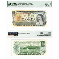 $1 1973 Bank of Canada Note AG Prefix Solid Serial 5555555 BC-46a - PMG Gem UNC-66 EPQ